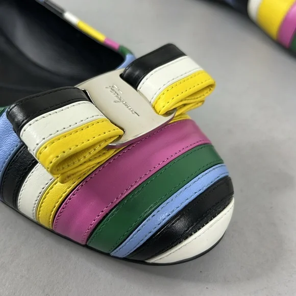 Salvatore Ferragamo Varina Rainbow Stripe Flats Bow Logo - Picture 4 of 13